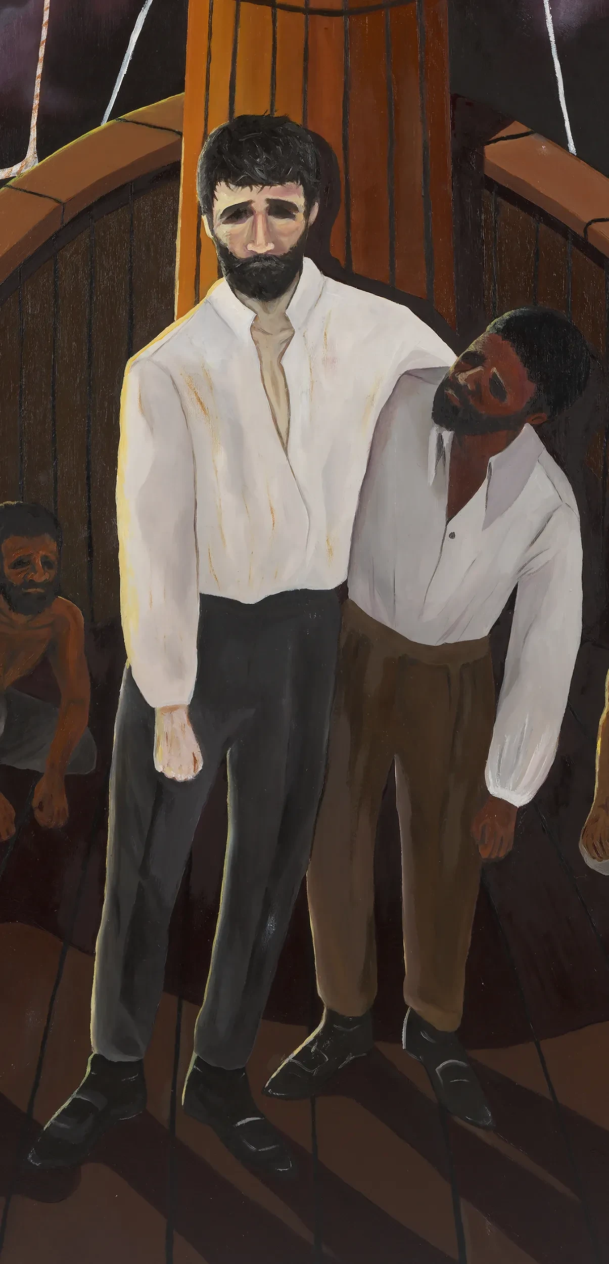 Painting depicting a black seafarer propping up a white captain